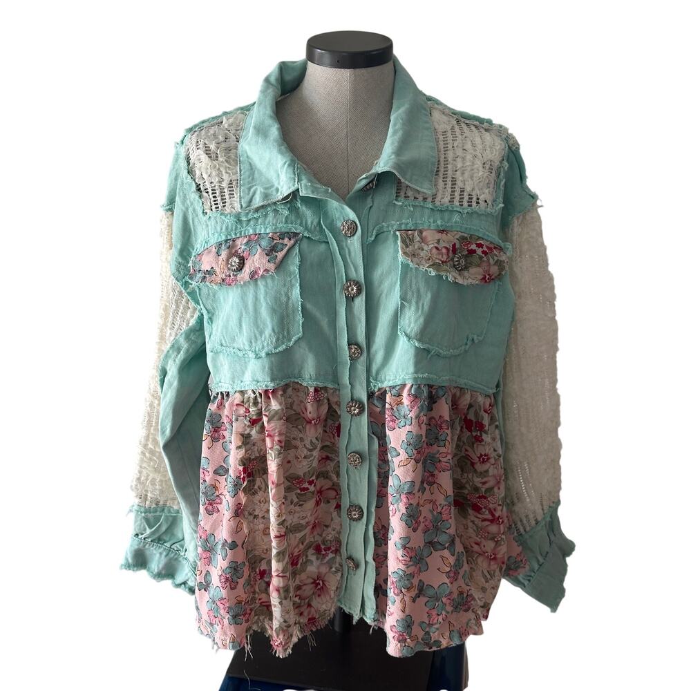 POL shacket floral patchwork button-down top unique lace textured sleeve Large